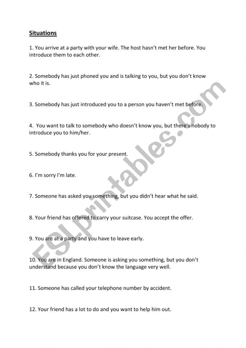 Situations worksheet