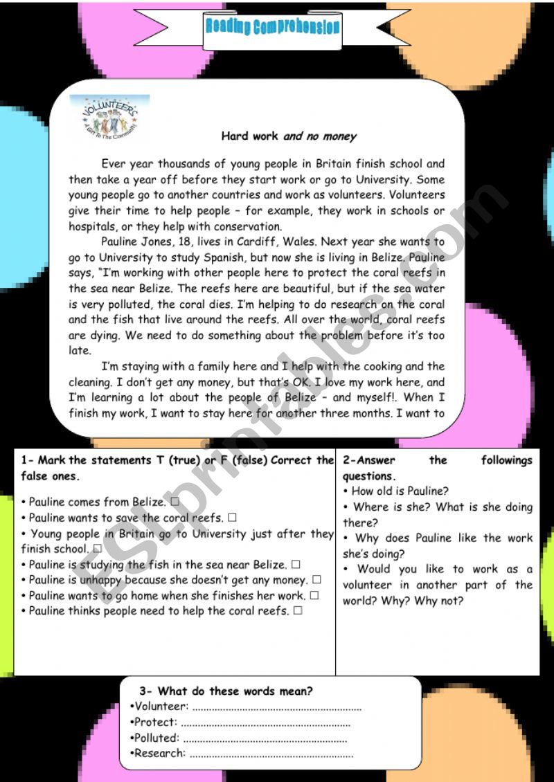 Reading comprehension worksheet