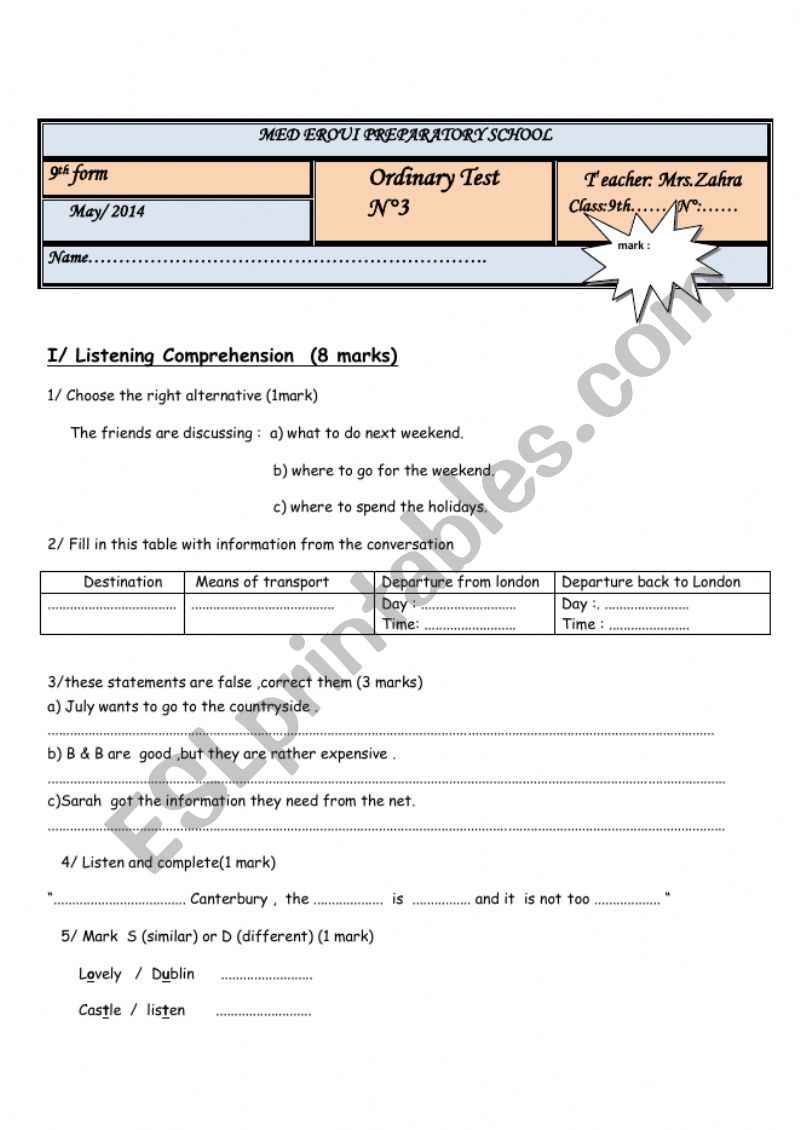 9th form mid term test 3 worksheet