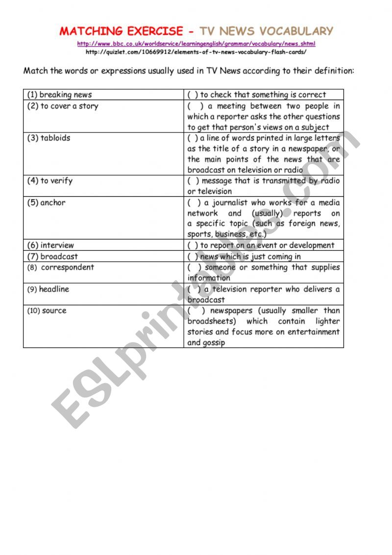 TV NEWS Vocabulary worksheet