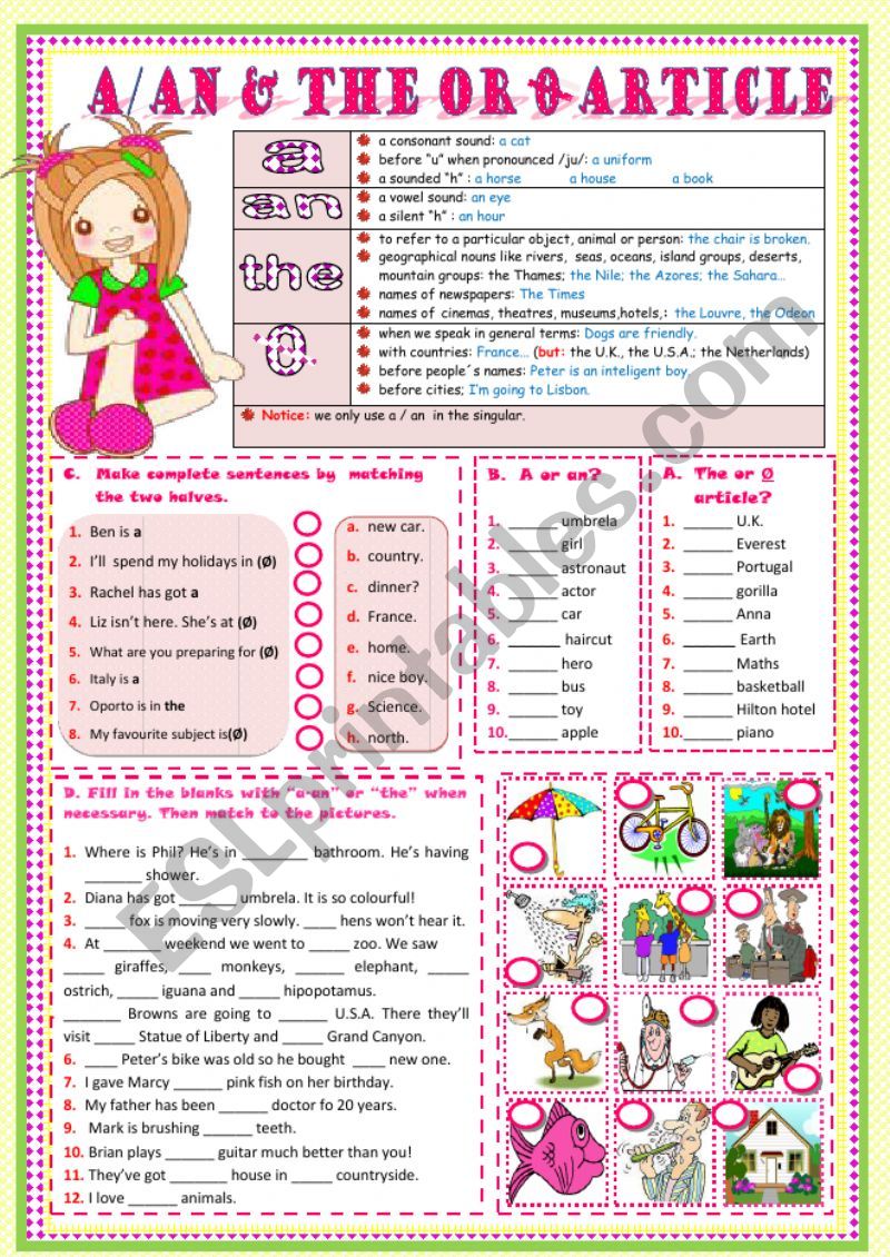 A /AN  THE OR  Ã˜  ARTICLE worksheet