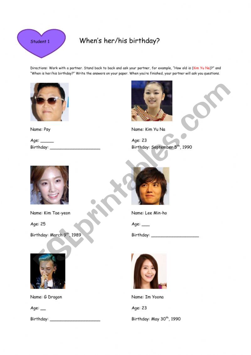 Birthday Gap Fill Student 1 - Korean Celebrities