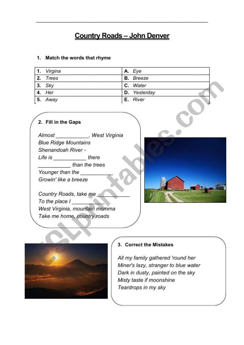 Country Roads - Music Class worksheet