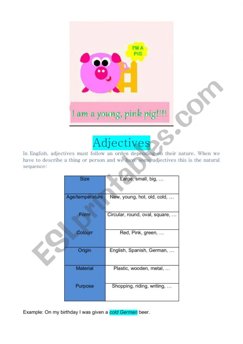 Adjectivesorder worksheet