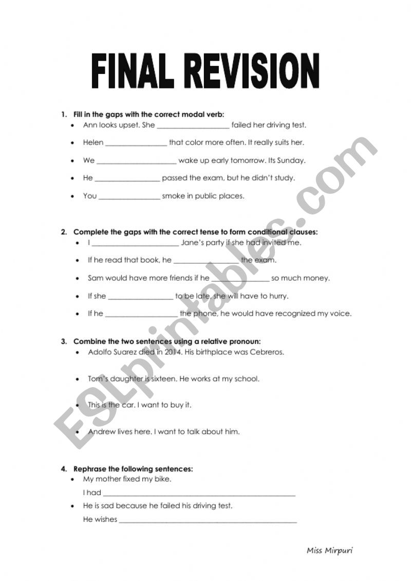 Final revision worksheet