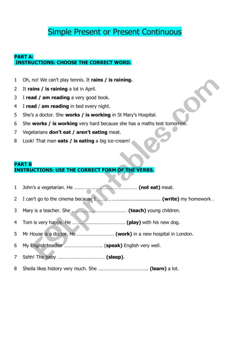 S. Present - Present Cont. worksheet