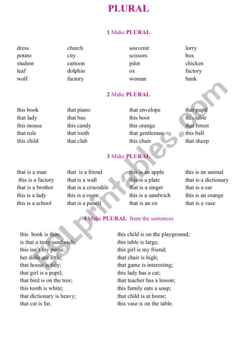 PLURAL of the Subject worksheet