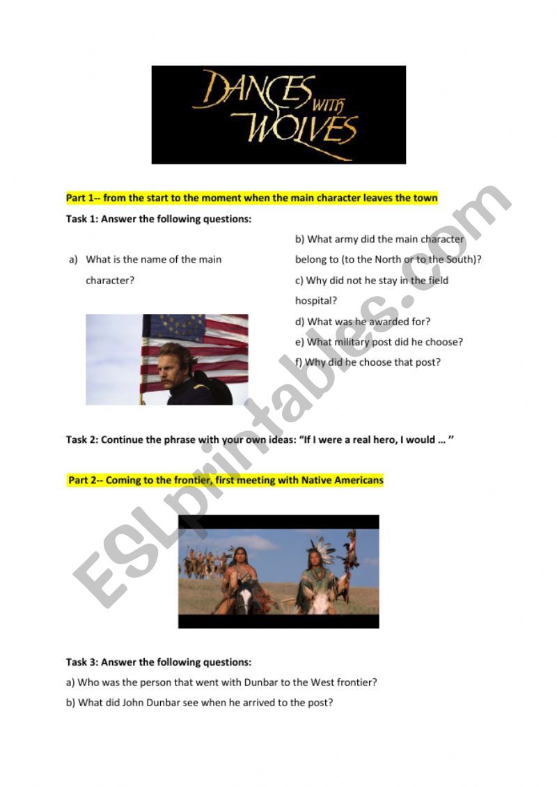 Dances with wolves worksheet