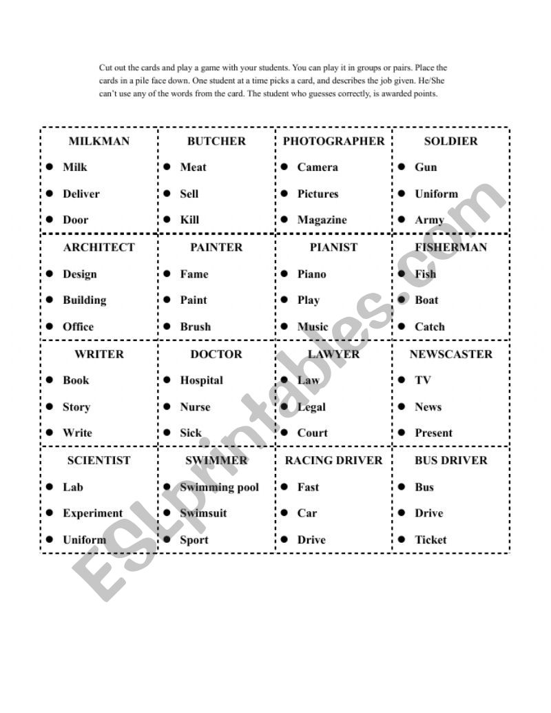 jobs taboo worksheet