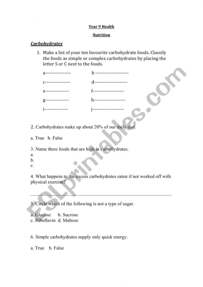 Carbohydrates worksheet