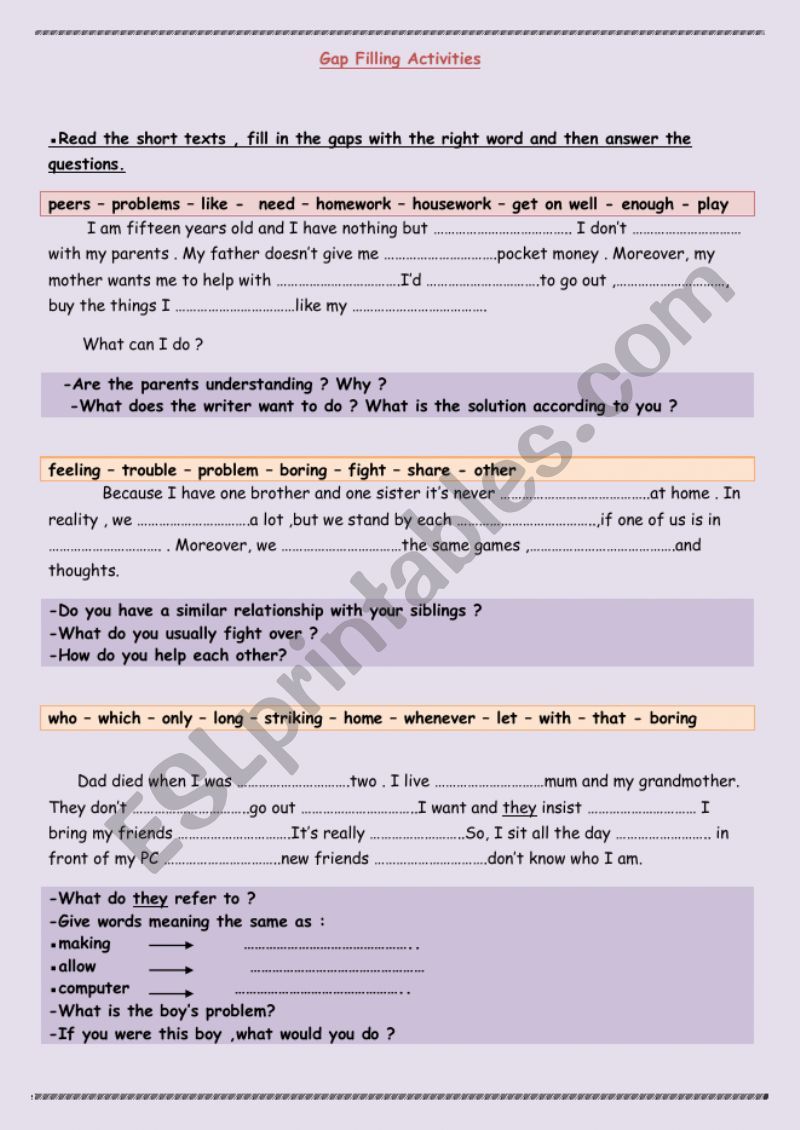 Gap Filling Activities worksheet