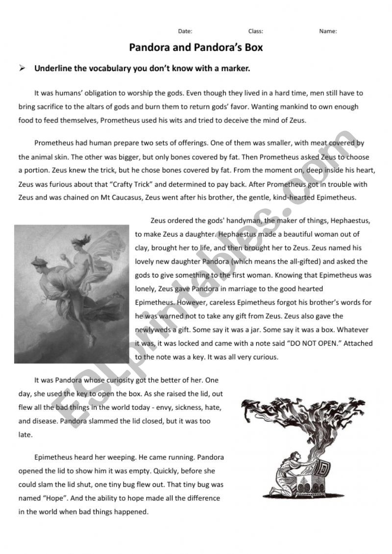 Greek Mythology - Pandora worksheet