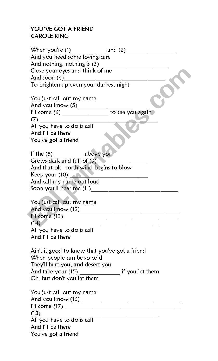 YOUVE GOT A FRIEND worksheet