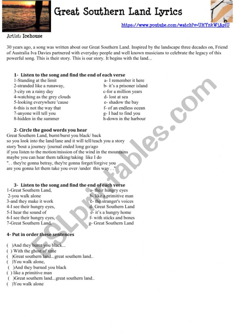 Great Southern Land - song worksheet