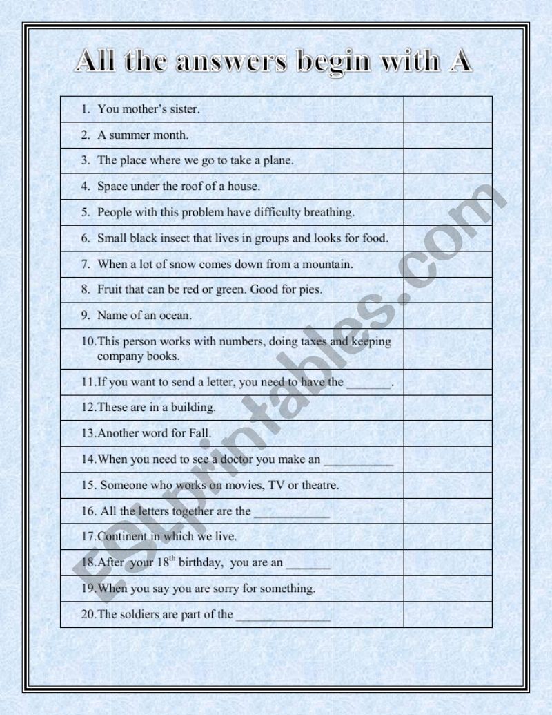Vocabulary Review:  A words  worksheet