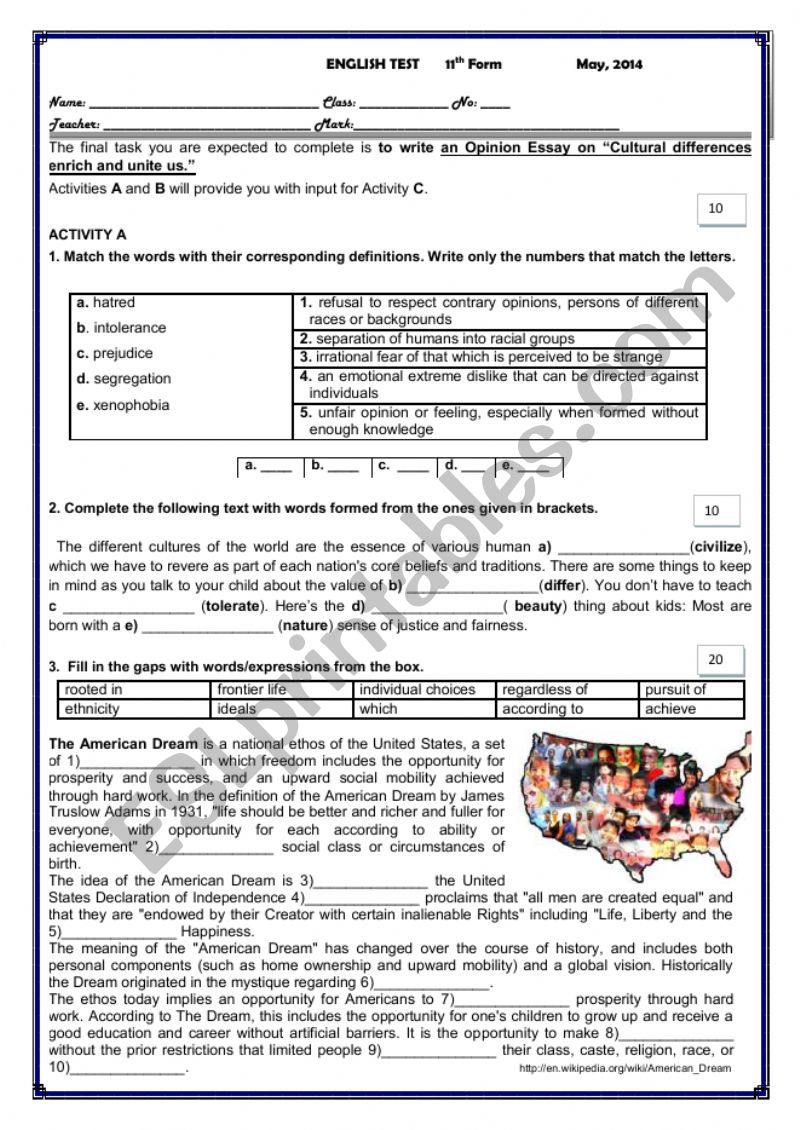 TEST- A WORLD OF MANY CULTURES/MULTICULTURAL SOCIETY/IMMIGRATION