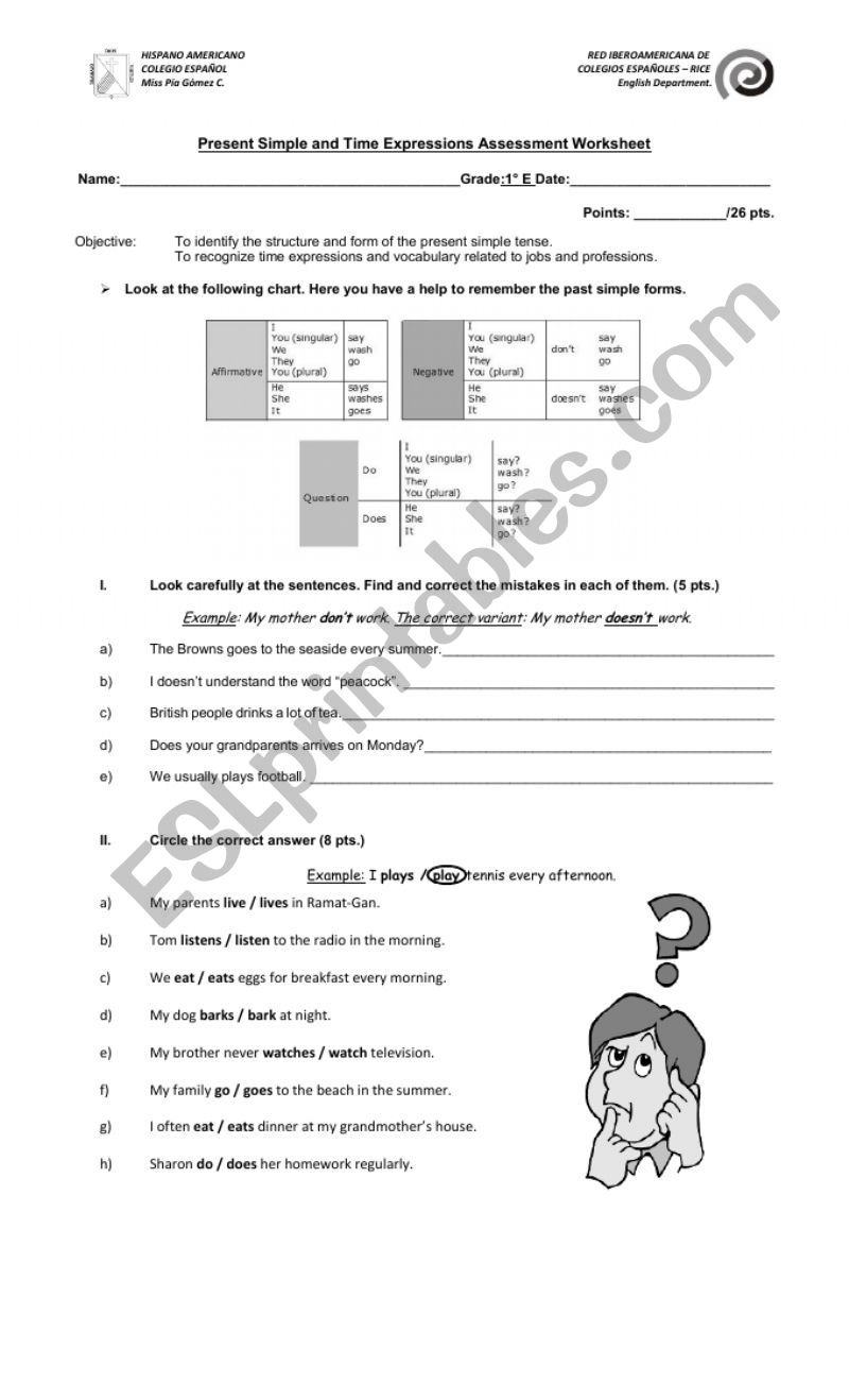 Present Simple Assessment worksheet
