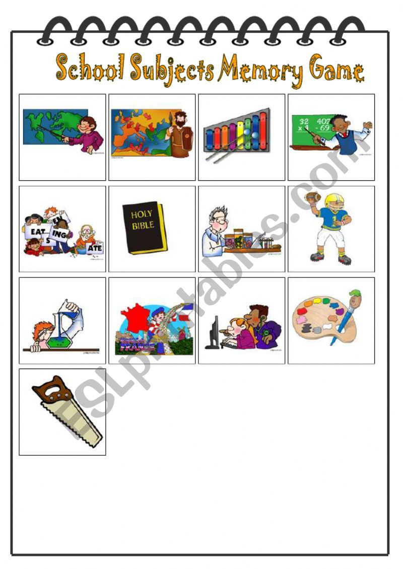 School Subjects Memory Game worksheet