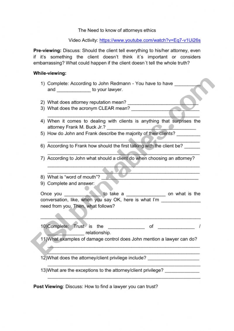 Legal English Attorney s Ethics ESL Worksheet By Nanazs