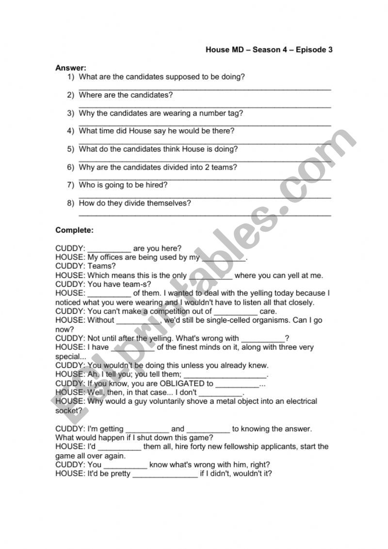 House MD - Season 4 episode 3 worksheet