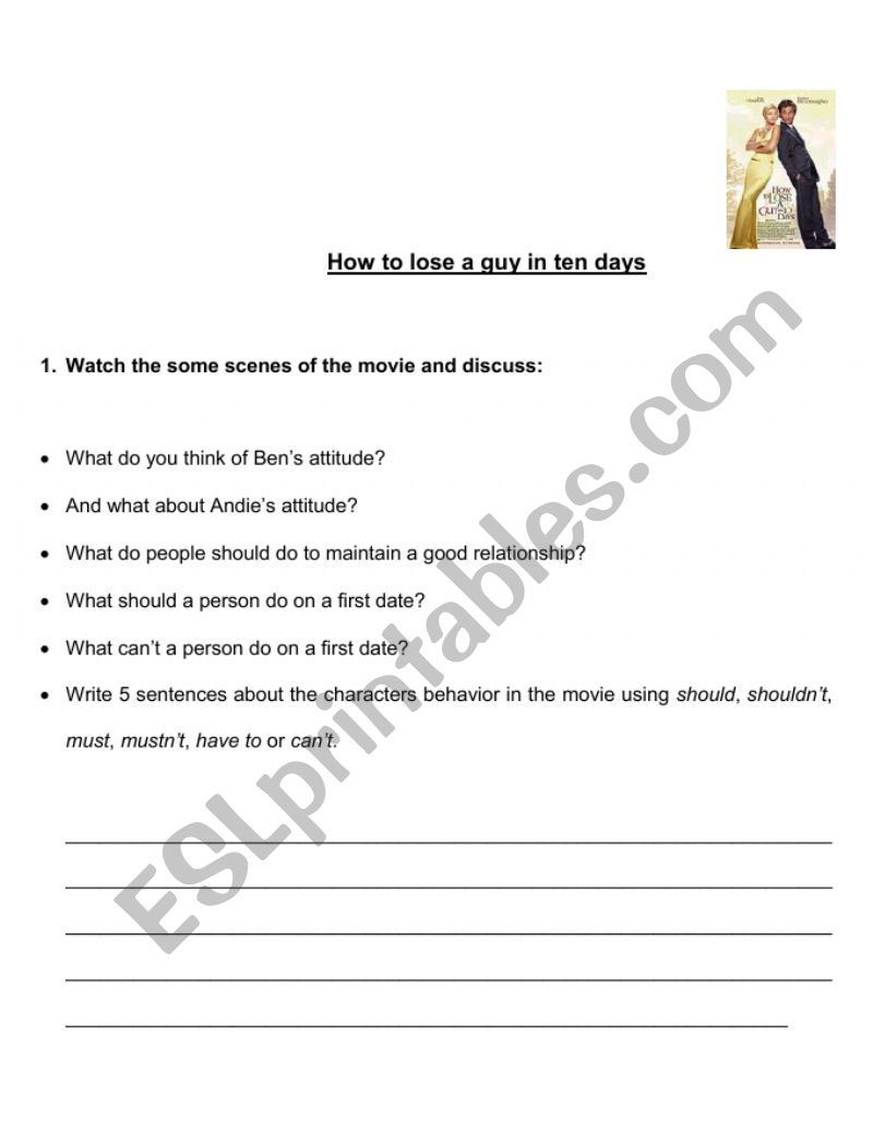 How to Lose a Guy in 10 Days worksheet