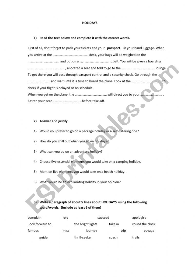 Holidays worksheet