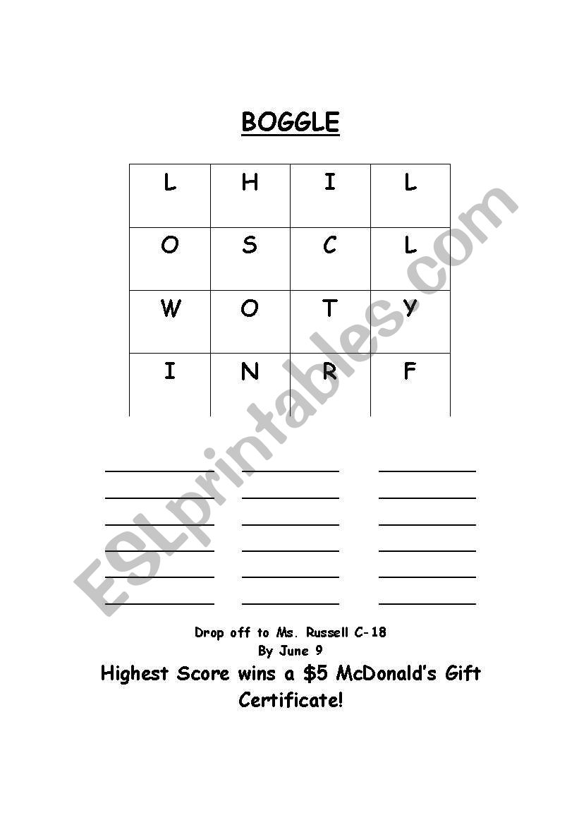 Boggle worksheet