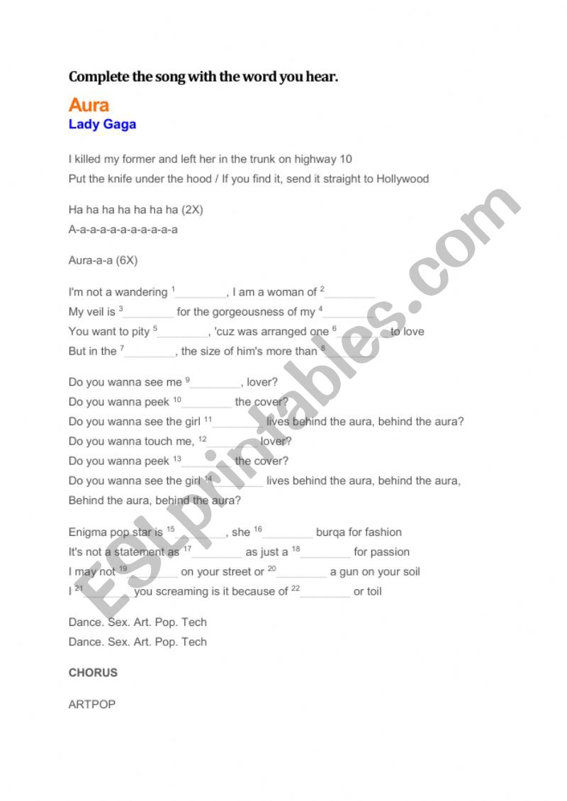 Song - Aura (Lady Gaga) worksheet