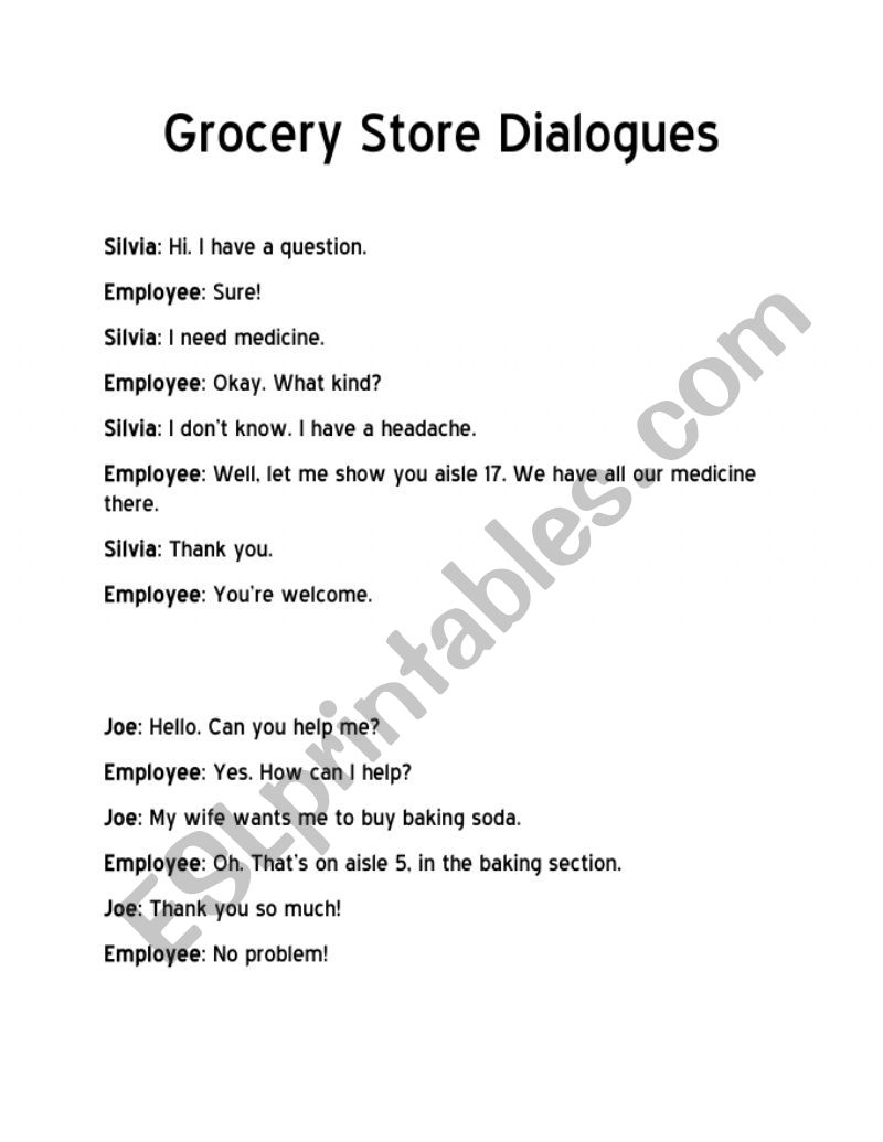 Grocery Store Dialogues worksheet