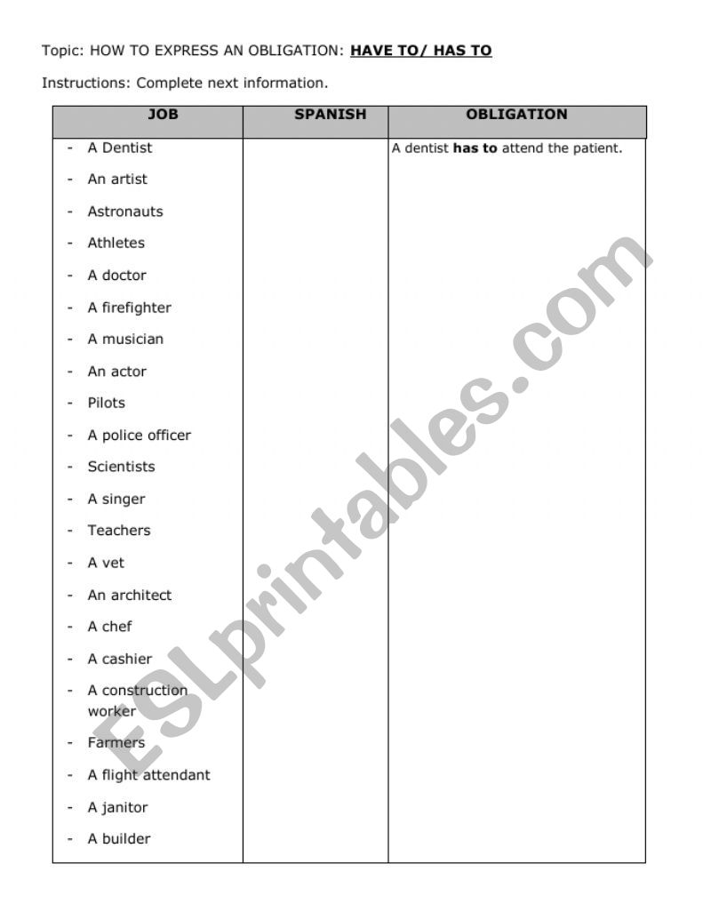 OBLIGATION FOR A PROFESSION worksheet