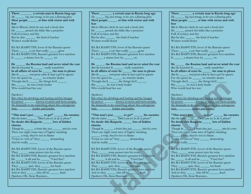 RASPUTIN LYRICS worksheet