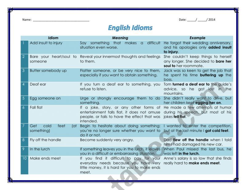 Idioms worksheet