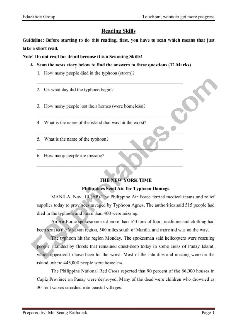 Reading Skill worksheet