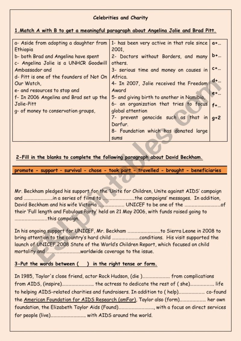 Celebrities and Charity worksheet