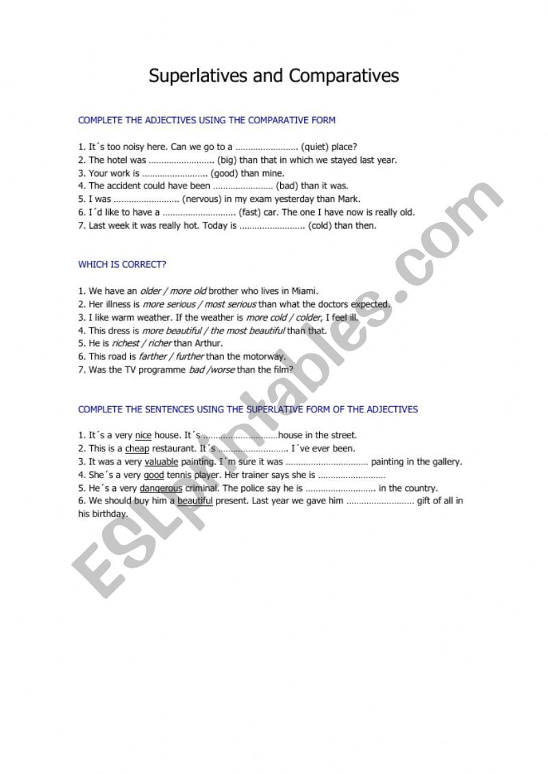 Superlatives and Comparatives worksheet