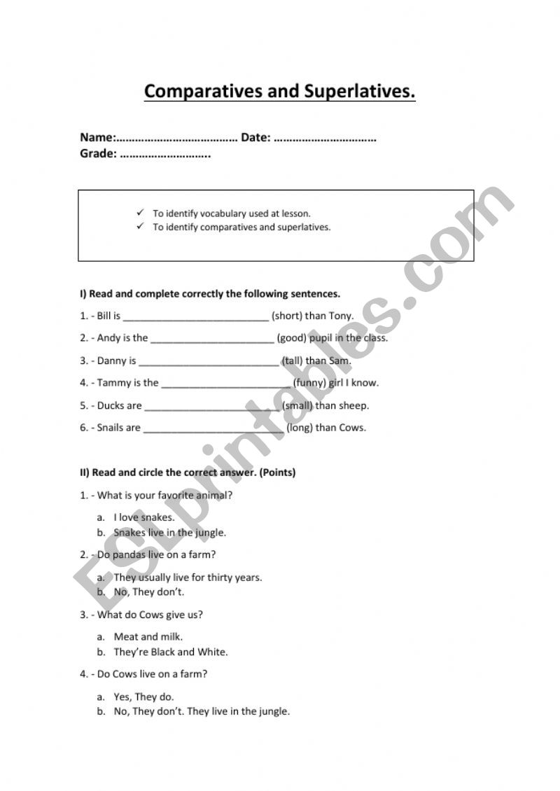 Comparative and Superlative worksheet