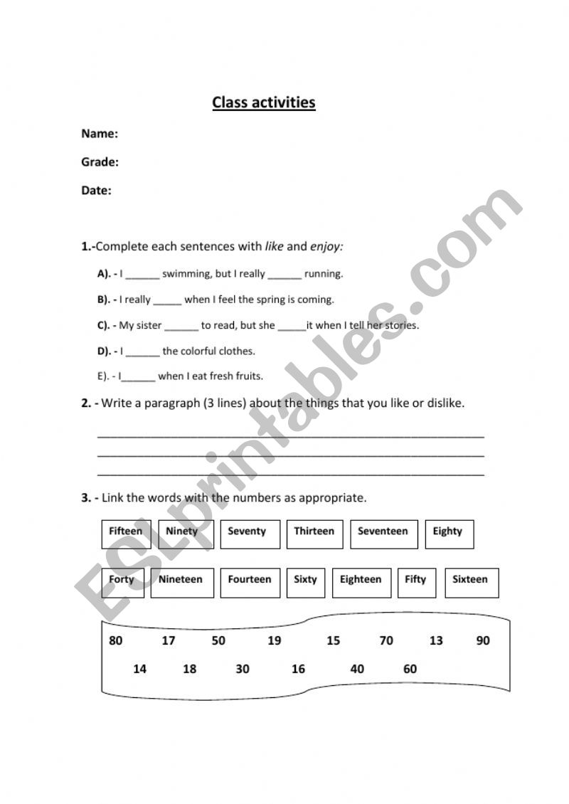 class activities worksheet