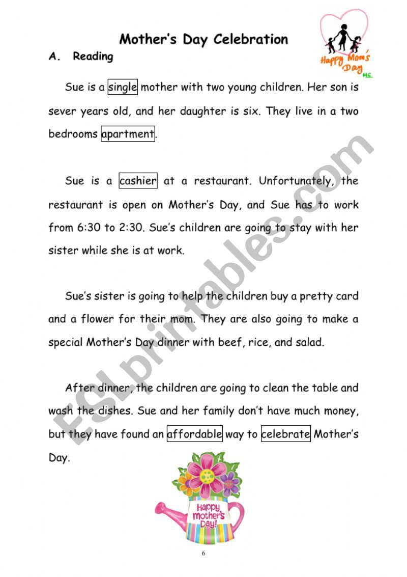 Mothers day celebration worksheet