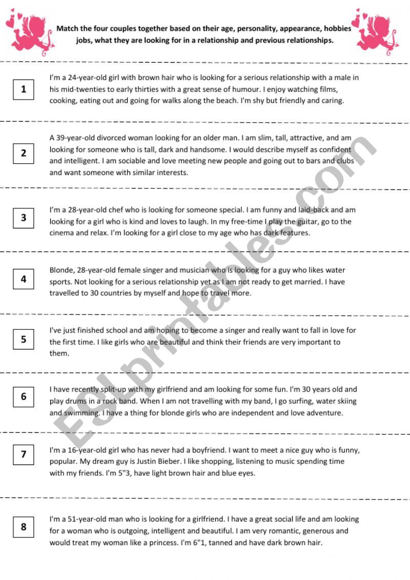 Matchmaking couples worksheet