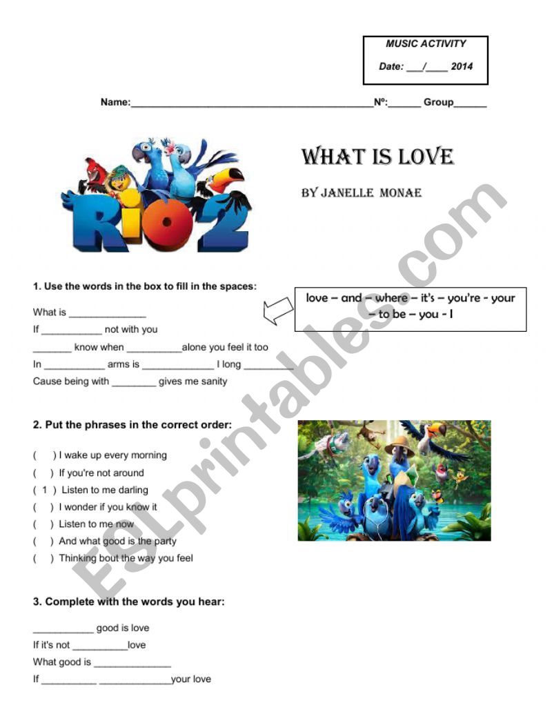 RIO 2 MUSIC: What is Love  worksheet