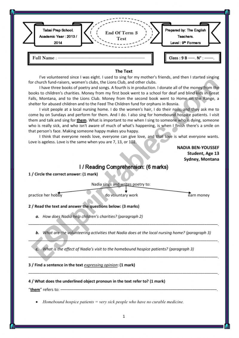 Comprehensive Test worksheet