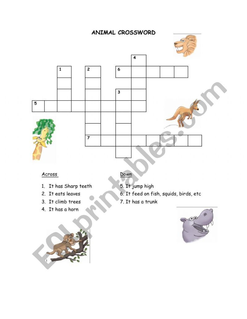 Animal crosword worksheet
