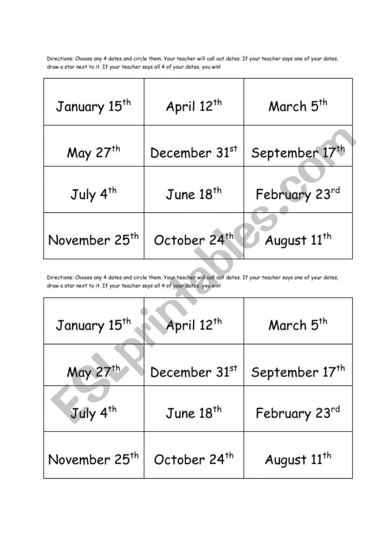 Date Bingo worksheet