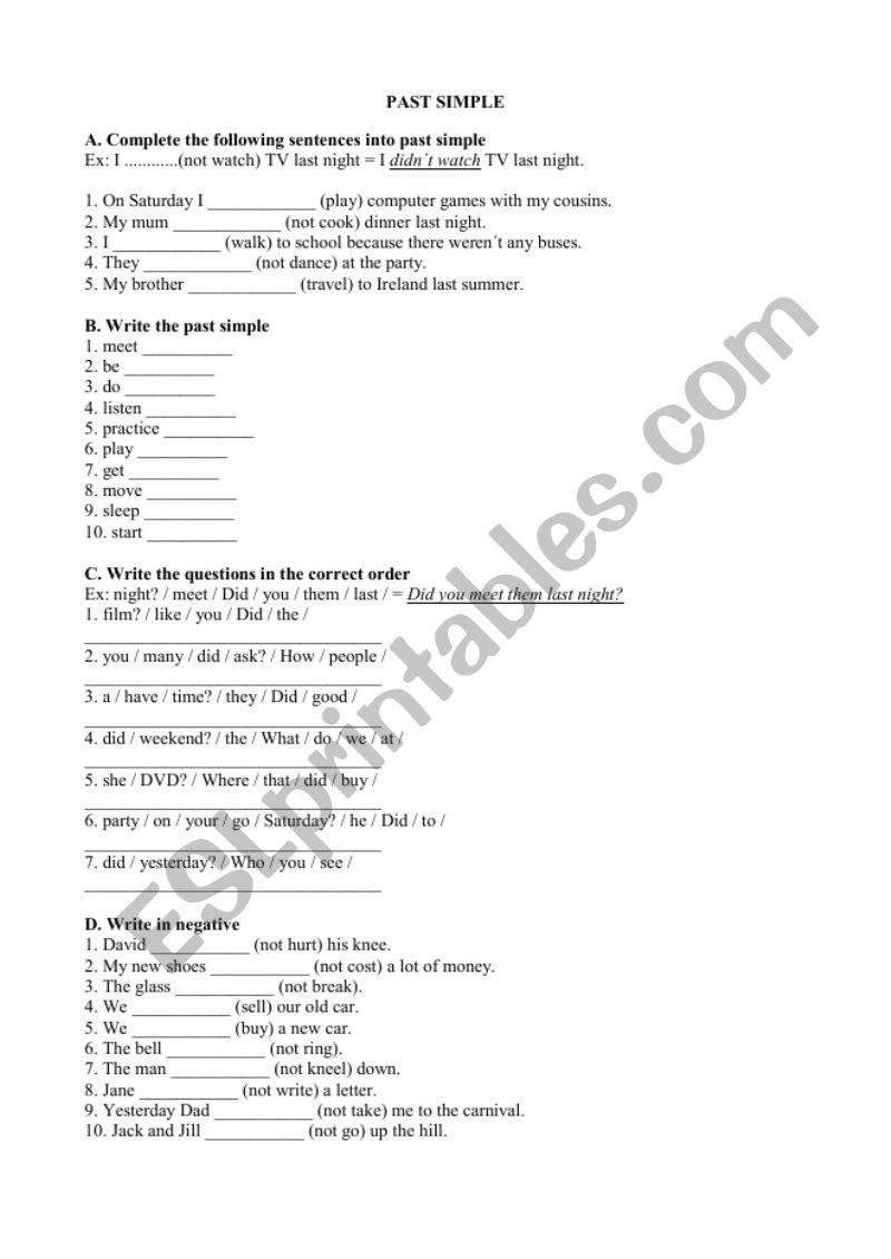 past simple test worksheet