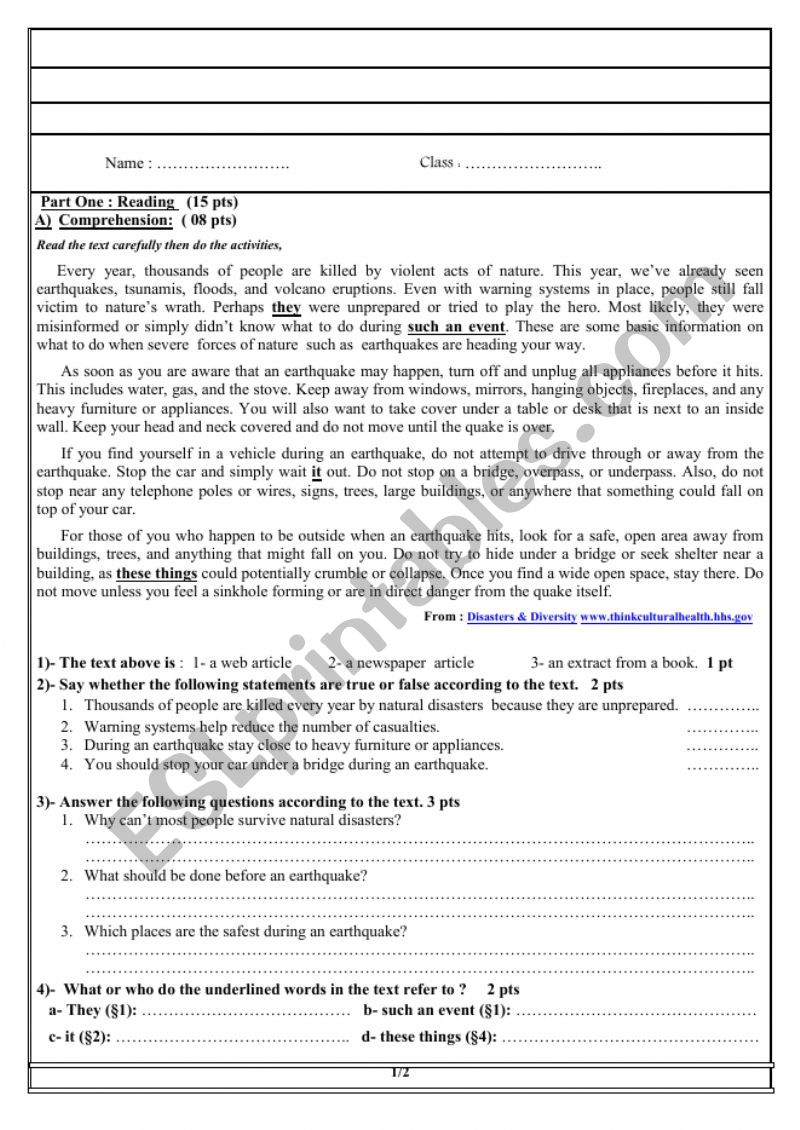 natural disasters exam worksheet