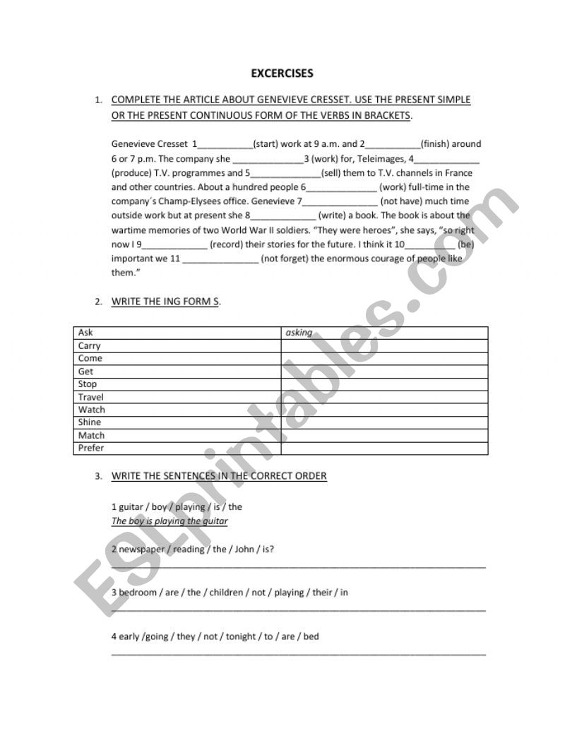 Present simple and continuous worksheet