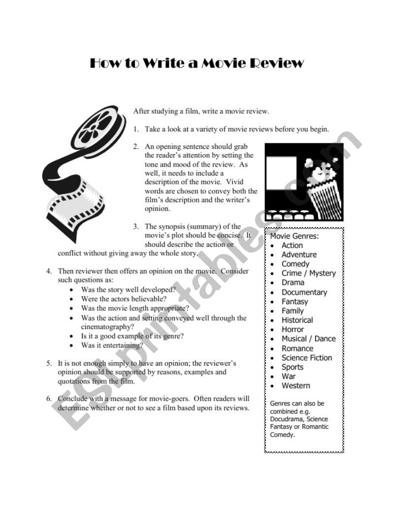 How to Write a Movie Review - ESL worksheet by ShakespeareGroupie