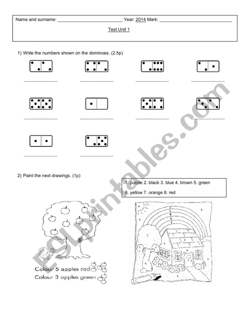 Test for Children. Colours , Numbers and Parts of the body.