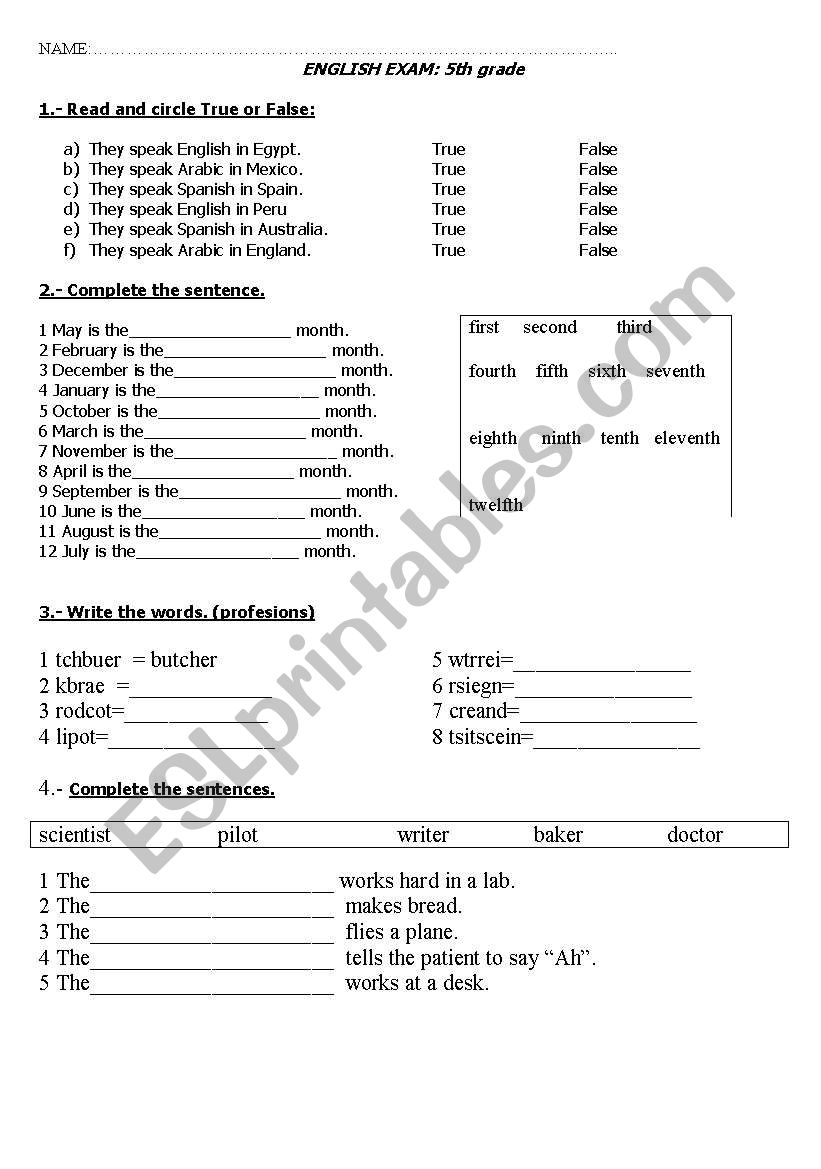 Exam 5th of Primary  worksheet