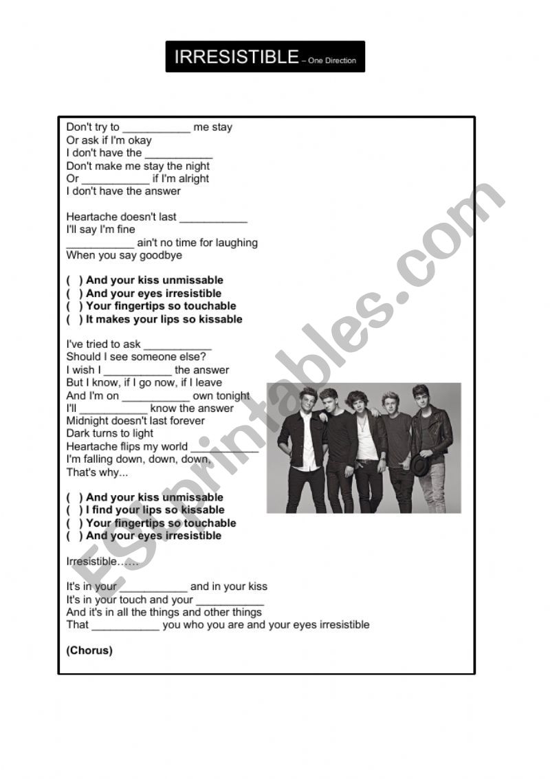 One Direction Last first kiss - ESL worksheet by yamila_i